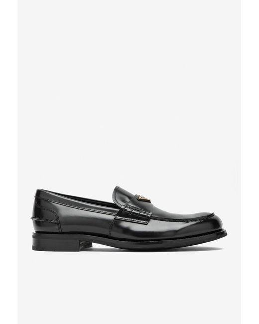 Prada White Triangle Logo Brushed Leather Loafers for men