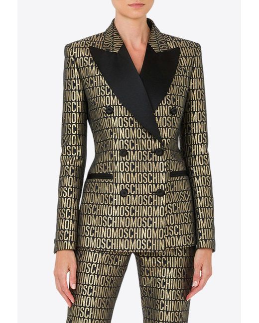 Moschino Green All-Over Logo Double-Breasted Blazer