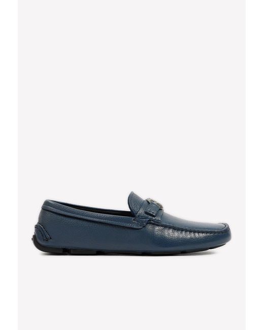 Giorgio Armani Blue Logo Buckle Loafers In Grained Leather for men