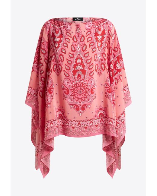 Etro Red All-Over Print Silk Cape
