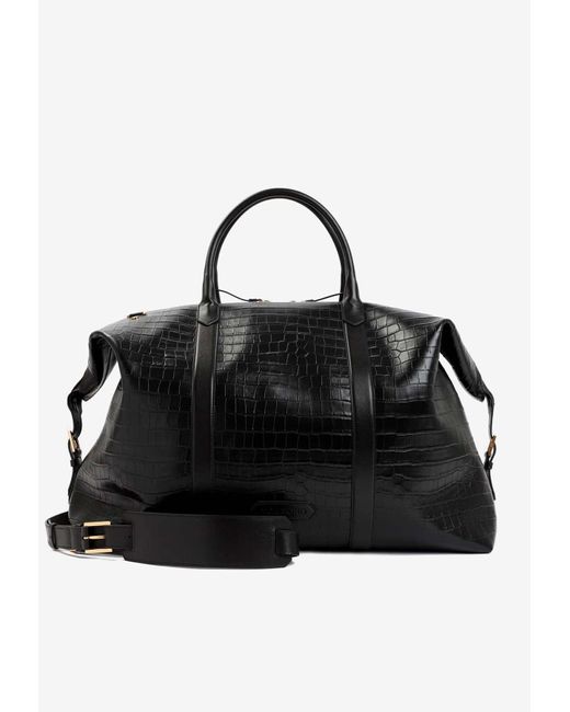 Tom Ford Black Duffle Bag In Croc-embossed Calf Leather for men