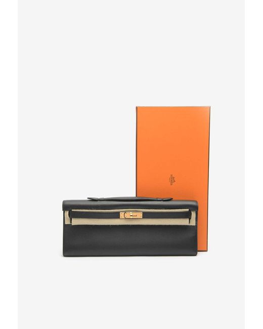 Herm s Kelly Cut Clutch Bag In Black Swift Leather With Gold