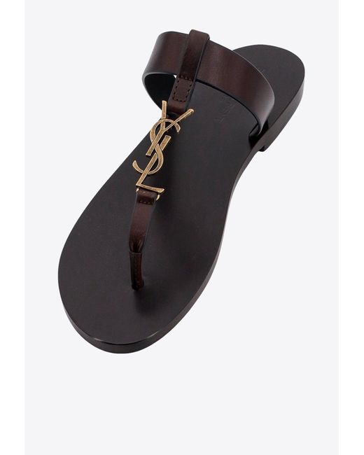 Saint Laurent Brown Cassandre T-Strap Calf Leather Sandals for men