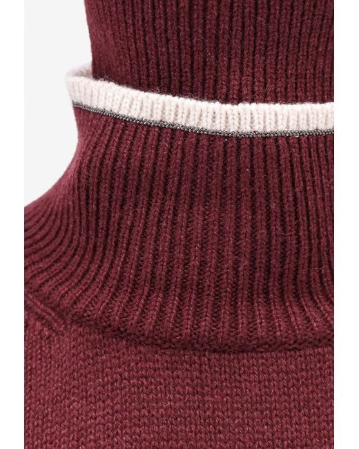 Brunello Cucinelli Red Ribbed Knit Turtleneck Cashmere Sweater