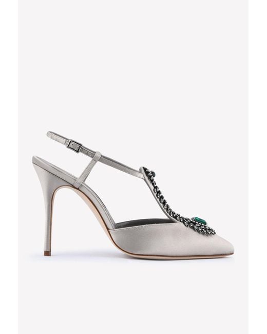 Manolo Blahnik White Jamala 105 Crystal-Embellished Pumps