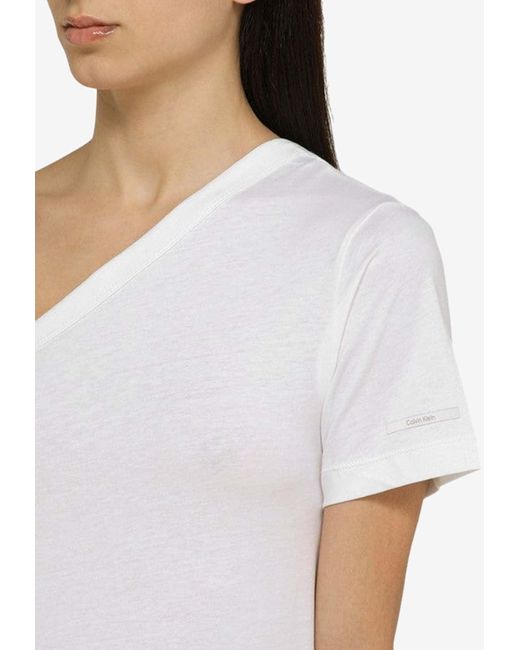 Calvin Klein White One-Shoulder Logo-Patch T-Shirt