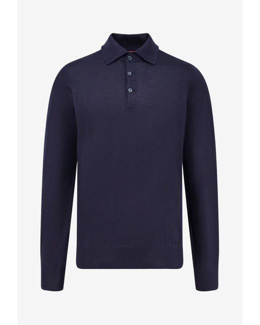 Brunello Cucinelli Blue Long-Sleeved Cashmere Polo T-Shirt for men