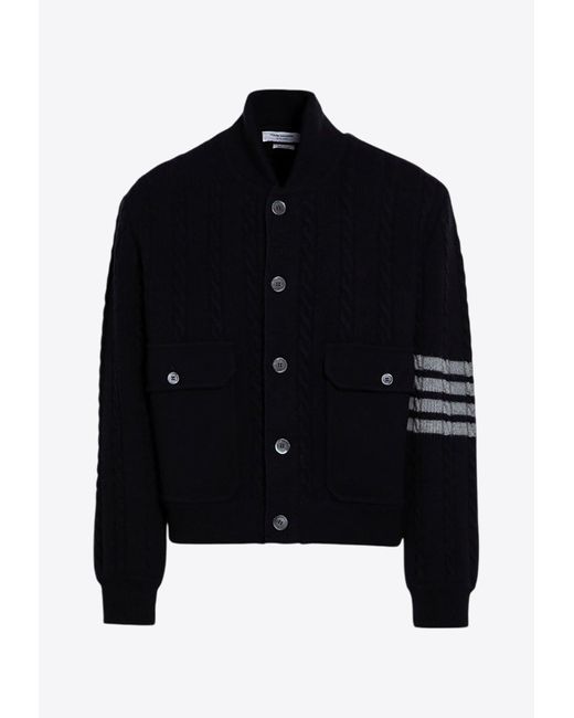 Thom Browne Black 4-Bar Stripes Cable Knit Cardigan for men