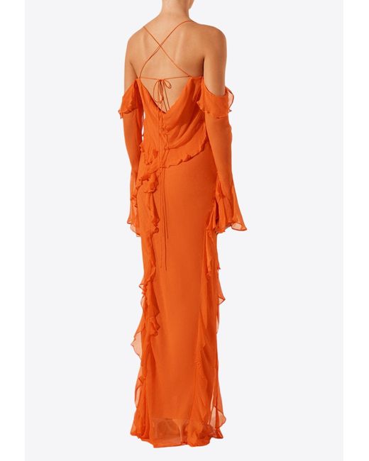 Shona Joy Orange Layla Off-Shoulder Ruffled Maxi Dress