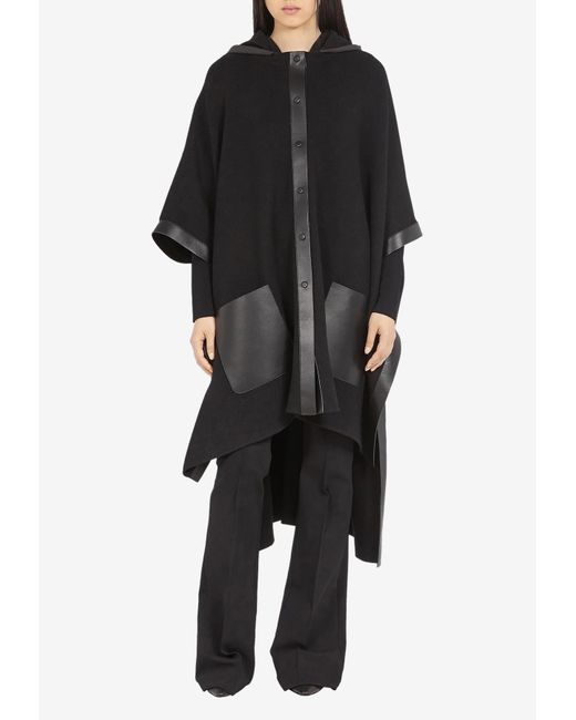 Ferragamo Black Leather-Trimmed Poncho With Hood