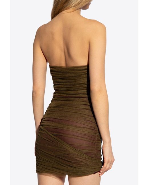 Saint Laurent Natural Ruched Strapless Tulle Dress