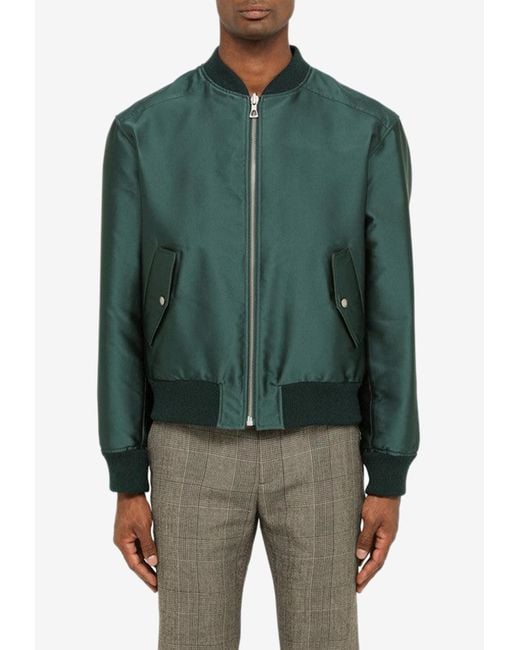 Gucci Green Zip-up Bomber Jacket In Satin for men