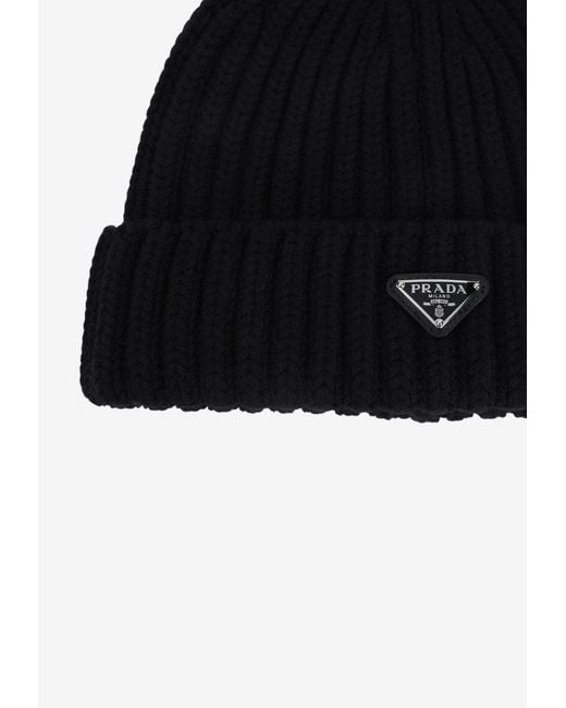 Prada Black Triangle Logo Ribbed Beanie for men