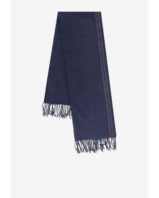 Brunello Cucinelli Blue Silk Fringe Scarf for men