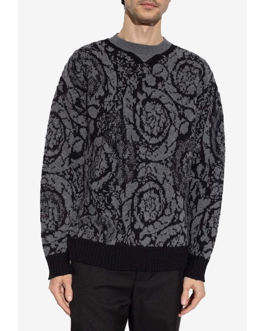 Versace Gray Barocco Jacquard Wool Sweater for men