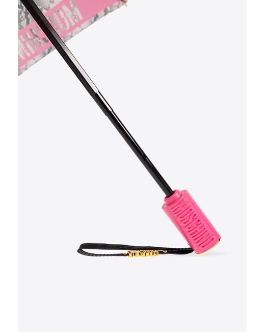 Moschino Pink Logo Trim Snakeskin Print Umbrella
