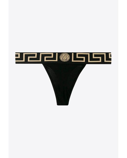 Versace Black Greca Waistband Thongs