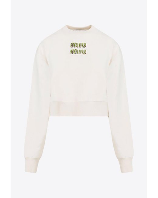 Miu Miu White Embellished Logo Cropped Sweatshirt