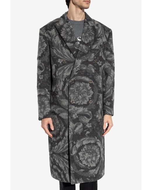 Versace Gray Double-Breasted Barocco Wool-Blend Coat for men