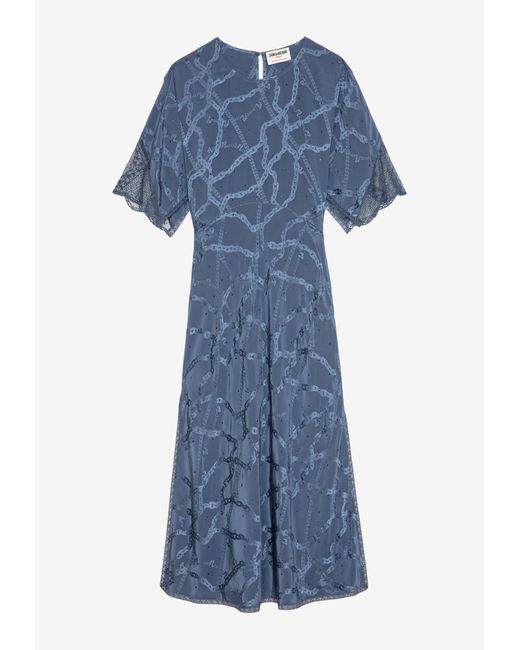 Zadig & Voltaire Blue Rey Chain Jacquard Silk Midi Dress