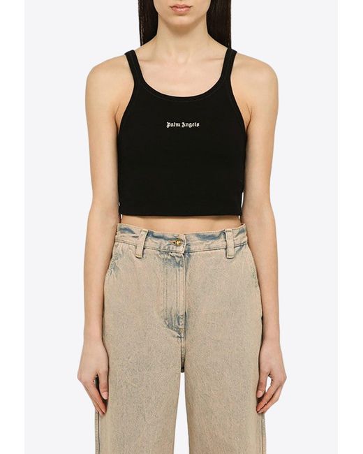Palm Angels Black Logo Embroidered Cropped Top