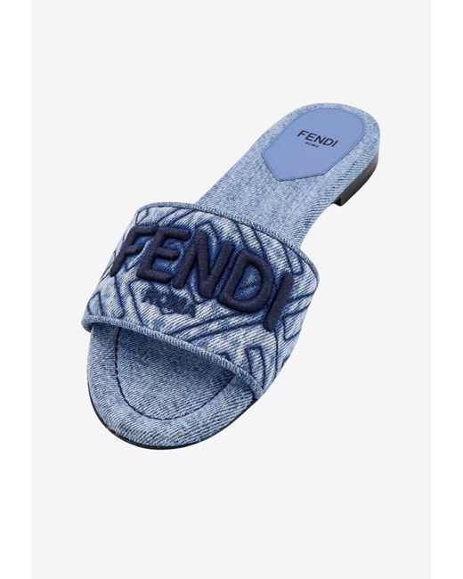 Fendi Blue Logo Embroidered Flat Denim Sandals