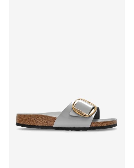Birkenstock White Madrid Big Buckle Leather Slides