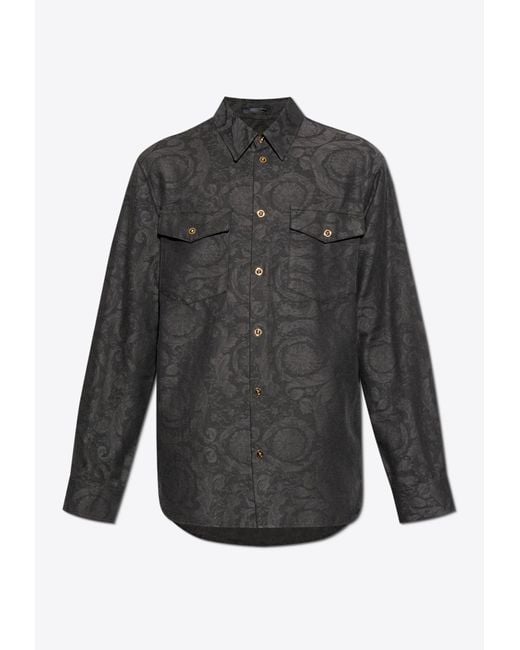Versace Gray Barocco Jacquard Denim Shirt for men
