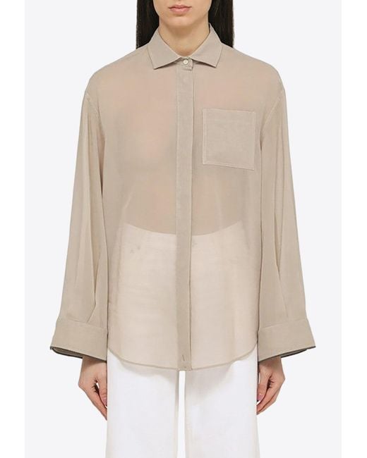 Brunello Cucinelli Natural Semi-Sheer Long-Sleeved Shirt With Shiny Cuff-Trim