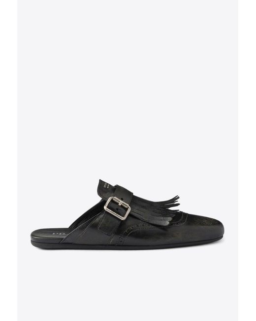 Prada Black Shuffle Fringed Calf Leather Mules