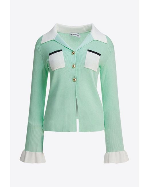 Self-Portrait Green Ribbed Buttoned Top
