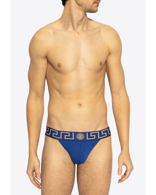 Versace Blue Greca Border Jockstrap With Medusa Head for men