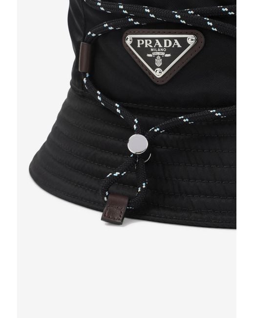 Prada Black Triangle Logo Drawstring Bucket Hat for men