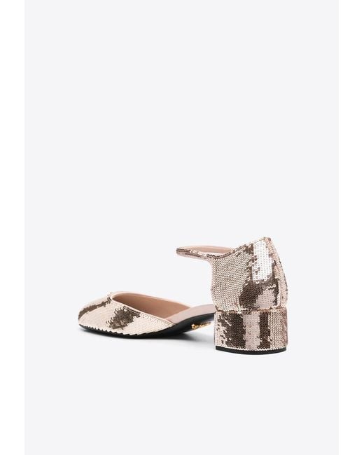 Prada White 35 Logo Sequined Pumps