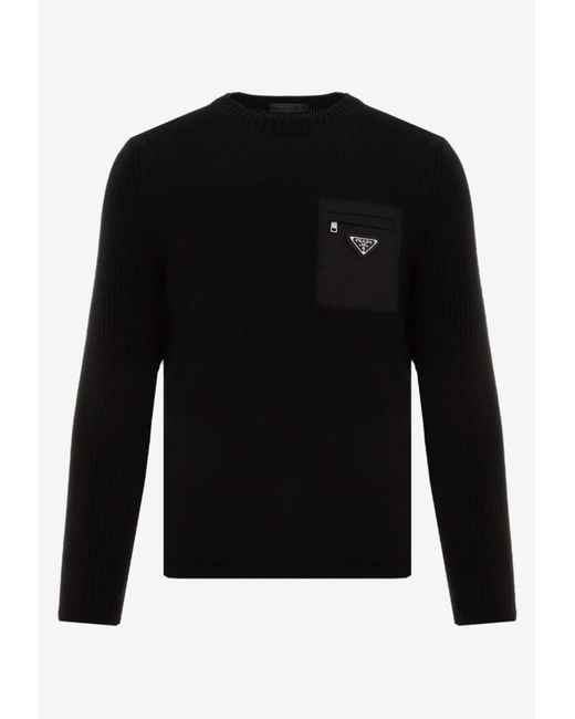 Prada Black Logo Plaque Wool Sweater for men