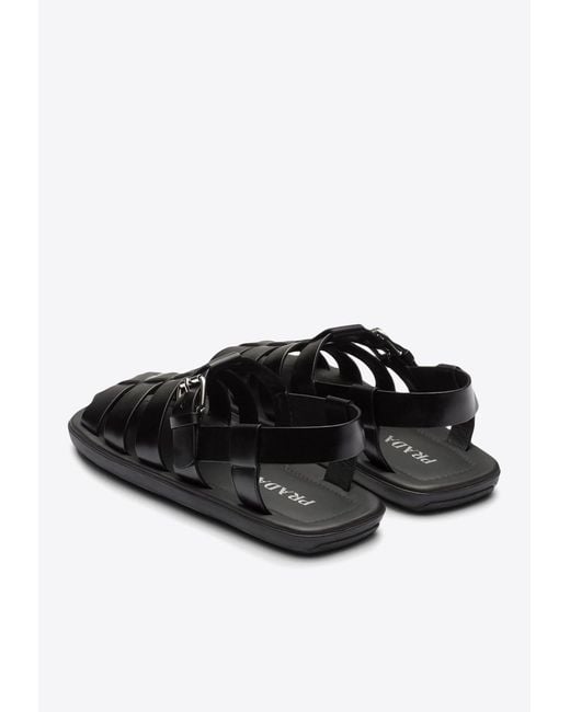 Prada Black Interwoven Straps Leather Sandals for men