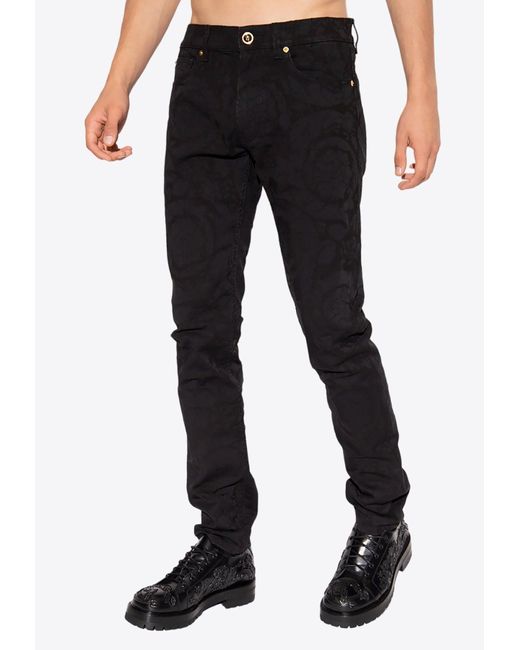Versace Black Barocco Jacquard Slim Jeans for men