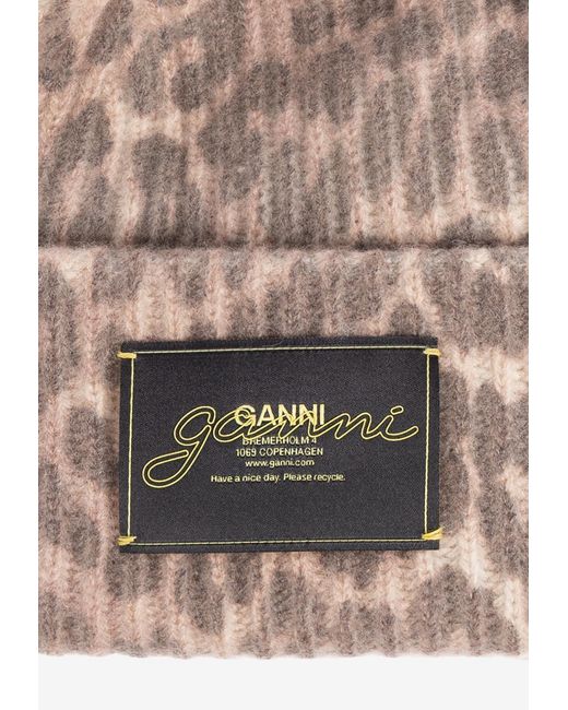 Ganni Natural Logo Patch Leopard Print Beanie