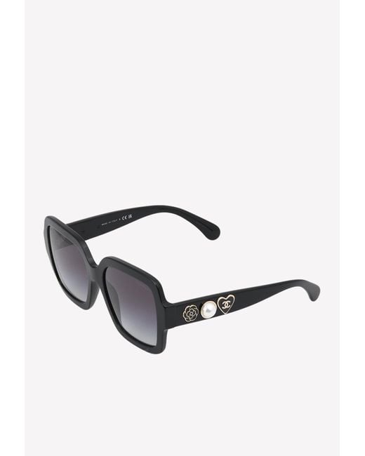 CHANEL Acetate Metal Calfskin Square Chain Sunglasses 5210-Q Black Gray  1281746