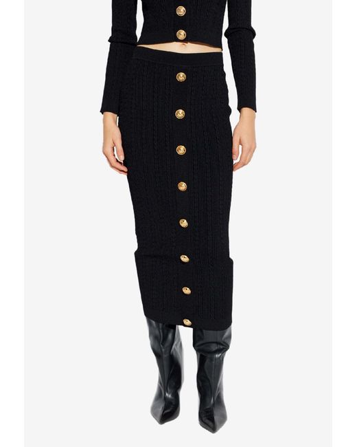 Balmain Black Decorative-Buttons Pencil Midi Skirt