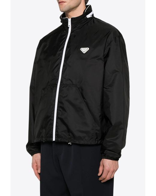 Prada Re-Nylon Logo Zip-Up Jacket in Black for Men | Lyst