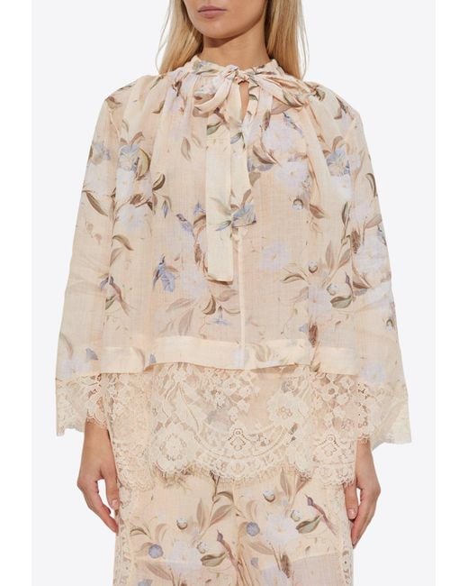 Zimmermann Natural Cascadian Lace-Trimmed Floral Blouse