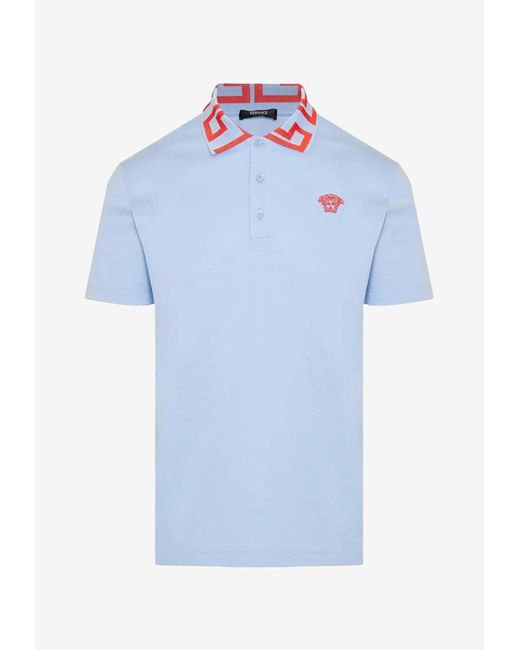 Versace Men's Blue Medusa Greca Short Sleeved Polo T-Shirt