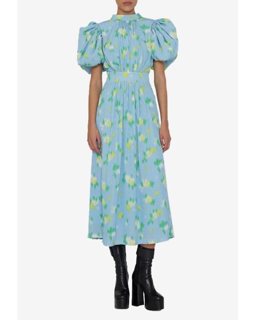 ROTATE BIRGER CHRISTENSEN Blue Floral Puff-Sleeve Midi Dress