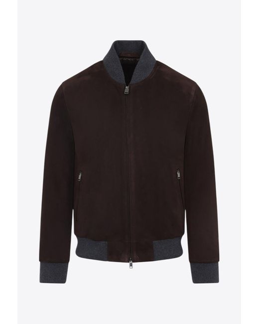 Brioni Black Suede Zip-Up Bomber Jacket for men