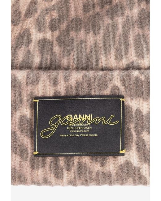 Ganni Natural Logo Patch Leopard Print Beanie