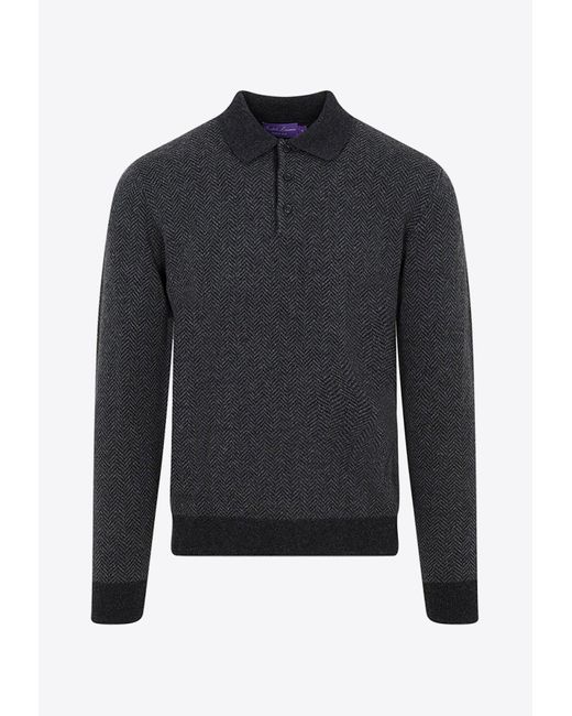 Ralph Lauren Blue Herringbone Polo Cashmere Sweater for men