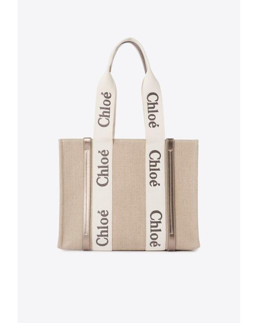 Chloé Natural Woody Leather And Linen Tote Bag