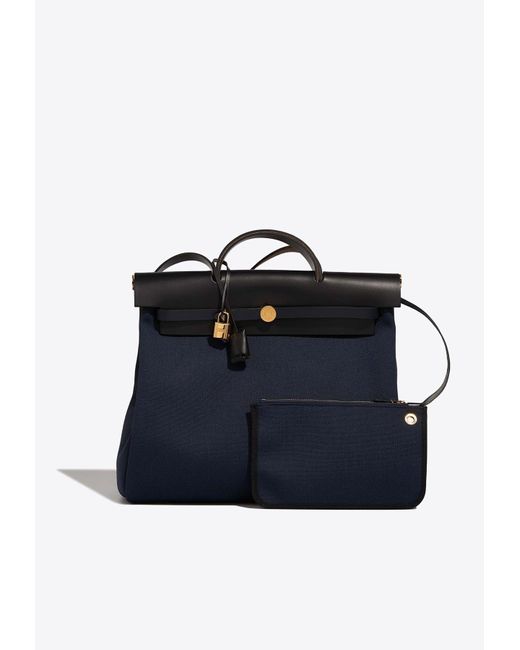 Hermès Blue Herbag 39 In Bleu Marine Toile And Black Vache Hunter With Gold Hardware