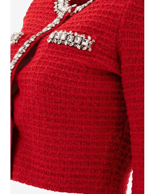 Self-Portrait Red Waffle Knit Crystal Embellished Cardigan